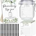 Spakon 114 Pcs Baby Shower to Baby Advice Cards for New Parents to Be Parenting Tip Jar Sign for New Parents 100 Parenting Advice Cards 12 Ink Pens 1 Wooden Sign 1 Bottle for Guests(Greenery)