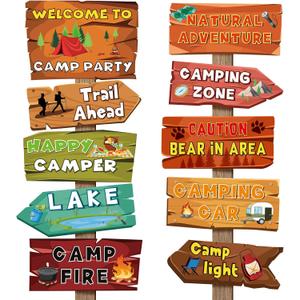 Hooqict 20 Pieces Camping Themed Party Decorations Camping Party Directional Signs for Summer Camp Decor Welcome to Camp Birthday Party Supplies Classroom Wall Door Porch Yard Sign