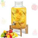 FillTouch 3 Gallon Drink Dispenser with Stand Glass Beverage Dispenser Drink Dispensers with Lid 18/8 Stainless Steel Spigot for Picnics, BBQ, Parties and Daily(Classic Style,Wood Stand)