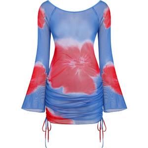 ZAFUL Womens Swimsuit Cover Up Dress Off Shoulder Hollow Coverup Bathing Suit Mesh Swim Beach Dress (Medium, 0-1blue)