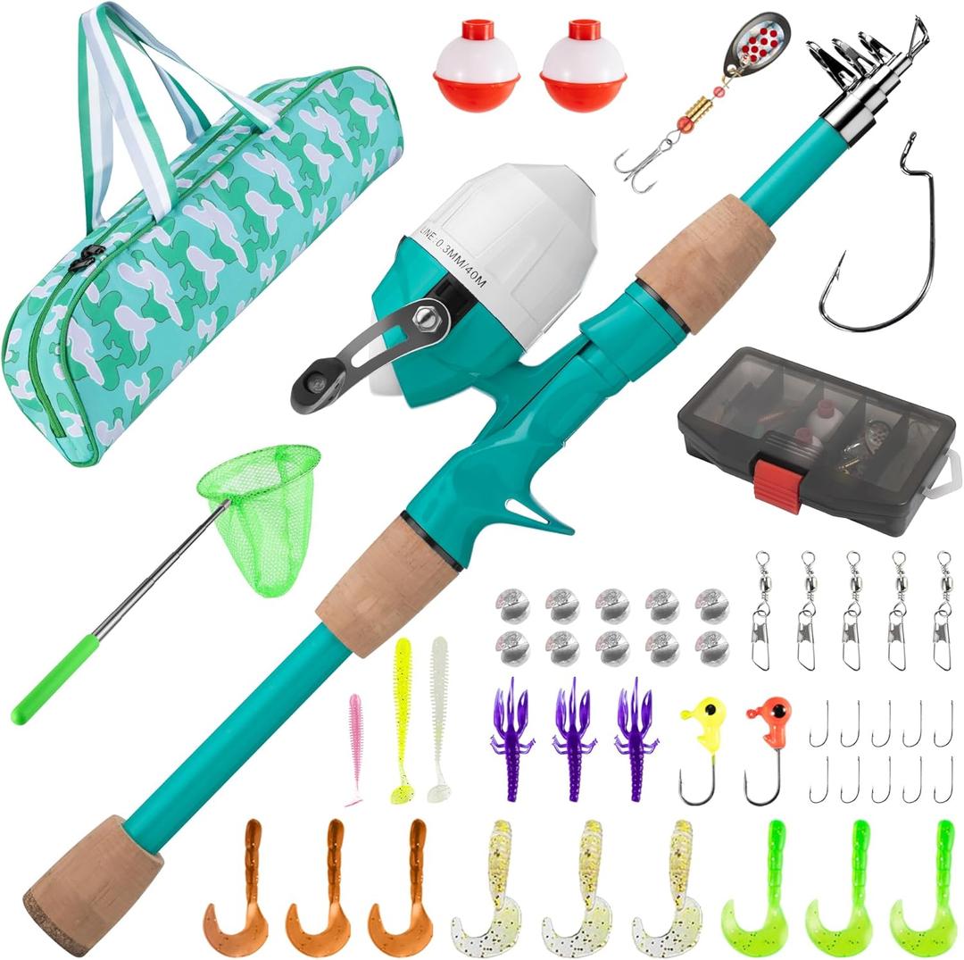 WIDDEN Kids Fishing Pole, Portable Telescopic Kids Fishing Poles for Boys and Girls, Fishing Rod and Reel Combo Kit with Tackle Box Bag Net, Best Fishing Pole for Toddler Youth and Beginners