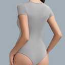 Mobeso Women's Round Neck Short Sleeve Bodysuit Double-Lined Body Suits Basic T-Shirt Tops for Women Grey XS (XS)