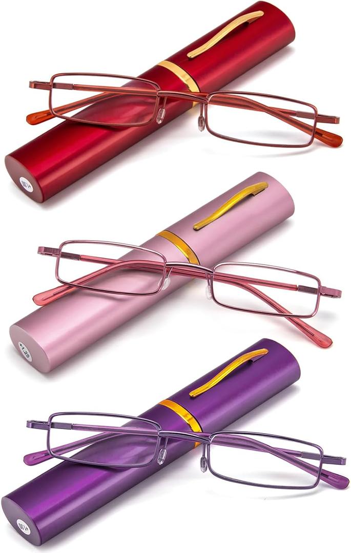 REAVEE 3 Pack Slim Pen Reading Glasses Small Tube Readers for Men Women Spring Hinged with Portable Clip Case, Red Pink Purple 1.75