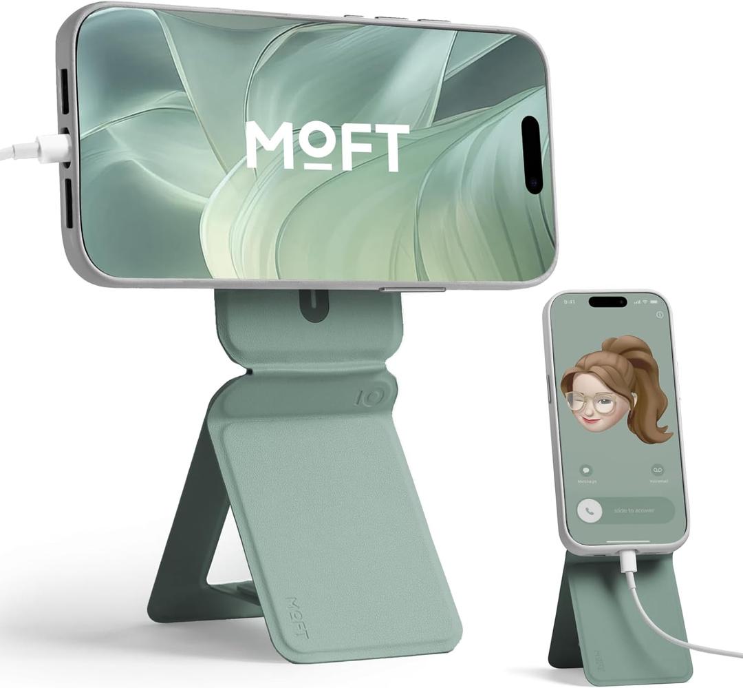 MOFT Phone Stand, Magnetic Phone Tripod Stand Stain-Resistant MOVAS Leather & Angle Adjustment & Strong Magnets Tripod for iPhone 16/15/14/13/12 (Included Metal Ring)-Seafoam (without Card Slot, Seafoam)