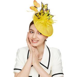 Gionforsy Butterfly Fascinator Hat Feather Tea Party Hat Monarch Butterfly Headband Fascinators for Wedding (Yellow)