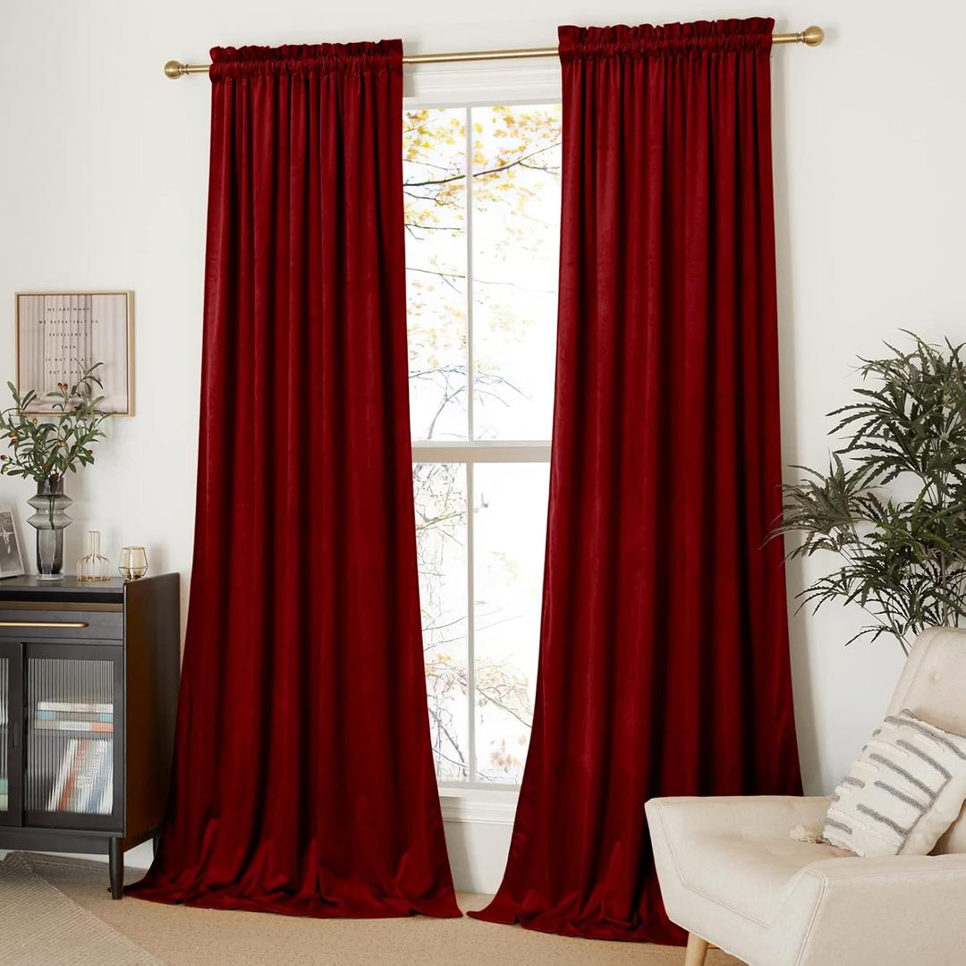 NICETOWN Christmas Red Velvet Textured Curtains/Draperies, Home Decoration Panels with Rod Pocket Design for Hall, Villa (1 Pair, 96 inches Long) (52"W x 96"L (Pack of 2))
