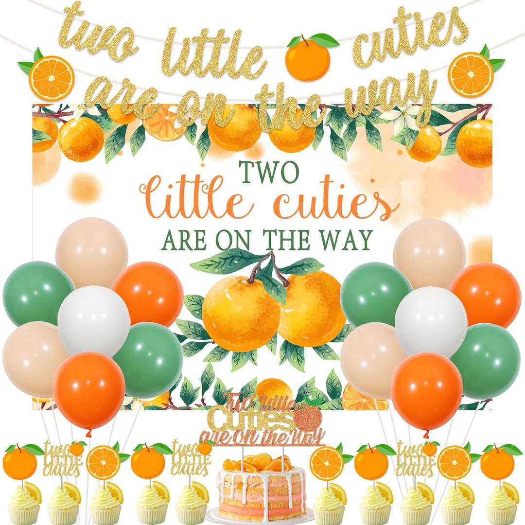 Two little Cuties Baby Shower Decorations, Twin Baby Shower Party Backdrop Two Little Cuties Are On The Way Banner Cake Cupcake Toppers Balloons for Twins Cutie Baby Shower Decorations