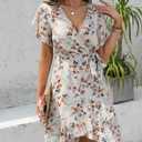 Womens Wrap V Neck Short Sleeve Dress 2025 Summer Floral Boho Dress Ruffle A Line Flowy High Low Midi Dresses (M)