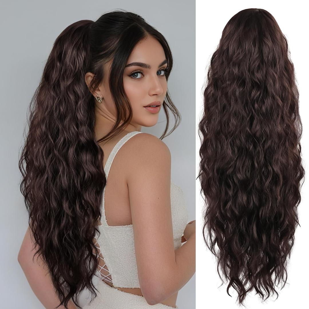 LEEONS 26 Inch Drawstring Ponytail Extension, Long Wavy Pony Tails Hair Extensions for Women - Synthetic Hairpiece Ponytail for Daily Use (Dark Brown)
