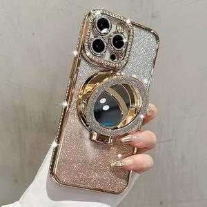 ZXDK Mirror Kickstand Glitter Diamond Case for iPhone 15 14 13 12 Pro Max,Magnetic Stand Holder,Camera Lens Protector Compatible with Magsafe, Rhinesetone Bing Cover Case (Gold,for iPhone 12 Pro Max)