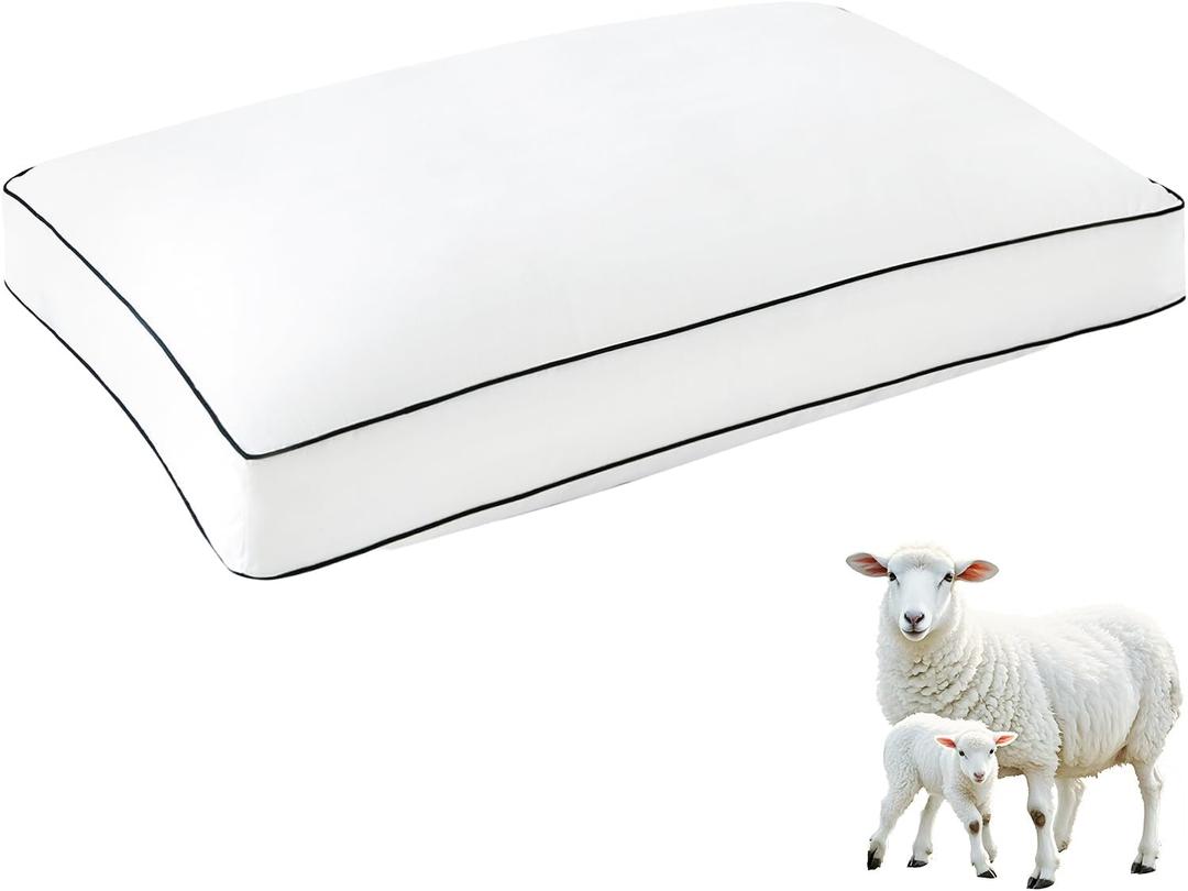YOUR MOON Soft Natural Wool Pillow Queen Size, Fluffy Thick Down Alternative Pillows for Side Sleeper, Support Gusseted Bed Pillow for Sleeping, 100% Cotton Cover (Pure White)