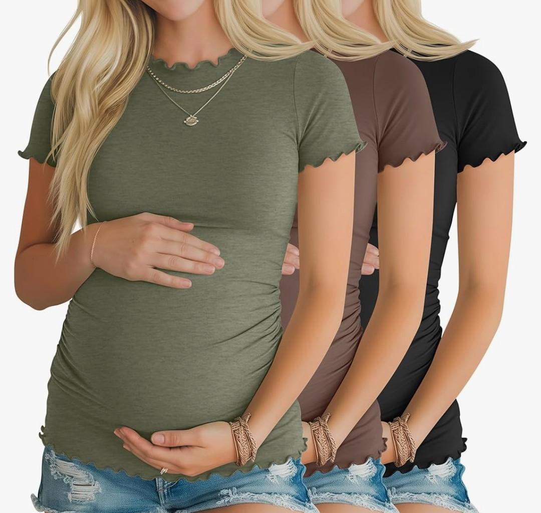 Xaatren 3 Pack Women's Maternity Shirts Crew Neck Short Sleeve Maternity Tops Side Ruched Lettuce Trim Pregnancy Tees, Size: M