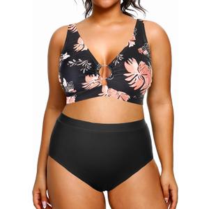 Tempt Me Women Plus Size High Waisted Bikini Sets Two Piece Swimsuits O Ring Cutout Tummy Control Bathing Suits (14 Plus, Black and Pink Flower)