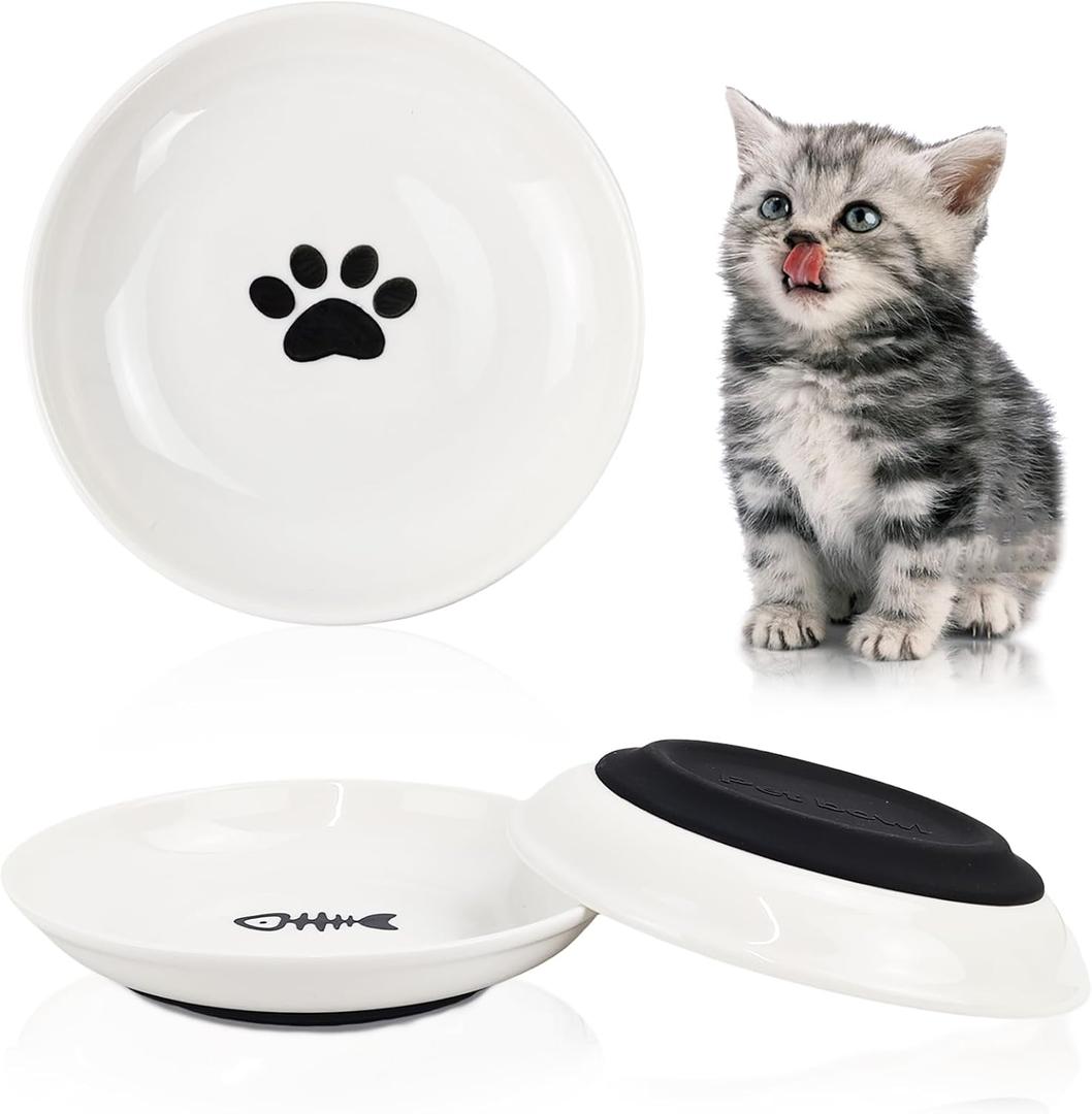 3-Pack Ceramic Cat Food Bowls, Wide Shallow Dish & Anti-Whisker Fatigue, Nonslip Silicone Base for Indoor Cats & Kittens, for Wet/Dry Food & Water