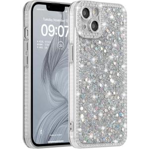 FABSPARK Case for iPhone 16 Pro,Glitter Crystal Diamond Rhinestones Sequin Shiny Bling Sparkly Glossy Luxury Electroplated Case,Aesthetic Cute Full Protection for iPhone 16 Pro,Silver