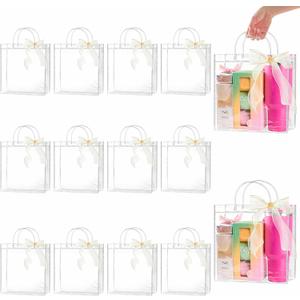 Ohuimrt 20 PCS Clear Plastic Gift Bags with Handles, 11 x 11 x 3.94 Inches Reusable Party Favor Bags with Ribbon Transparent Gift Wrap Bags Bulk for Weddings Birthdays