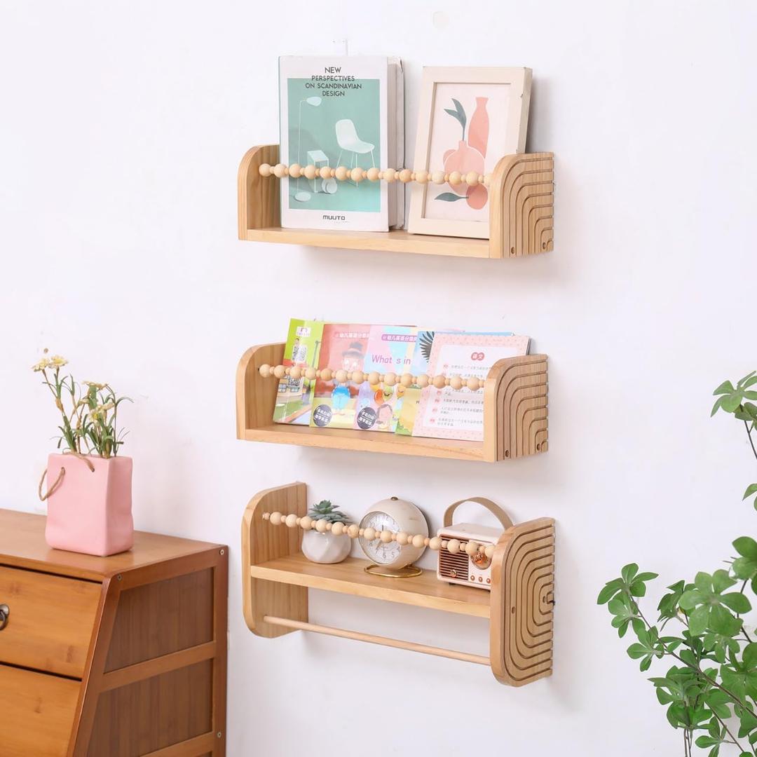 SAG's store Floating Nursery Shelves  Set of 3 Natural Wood WallMounted Bookshelves for Kids Room, Baby Room, Nursery Decor  15.7" Wide, Solid Wood Shelves for Books, Toys, and Decor Storage
