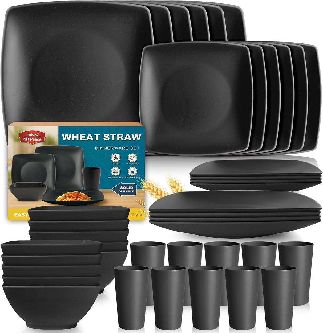 Teivio 40-piece Plastic Wheat Straw Square Dinnerware Set,Service for10, Unbreakable Dinner Plates, Salad Plates, Snack Bowls, Tumblers 13.5 oz, Dishwasher Safe, Kitchen Outdoor Camping Dish, Black
