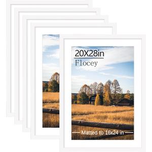 20x28 Picture Frame Set of 5, White Poster Frame, Display Pictures 16 x 24 with Mat or 20 x 28 Without Mat for Horizontal or Vertical Wall Mounting, Wall Gallery Frame