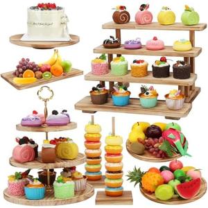 HEYTIMI 8 PCS Rustic Wooden Cake Stands Set Tiered Display Dessert Serving Tower Farmhouse Cupcakes Stand Set with Donut Trays for Weddings, Baby Showers Tea Parties