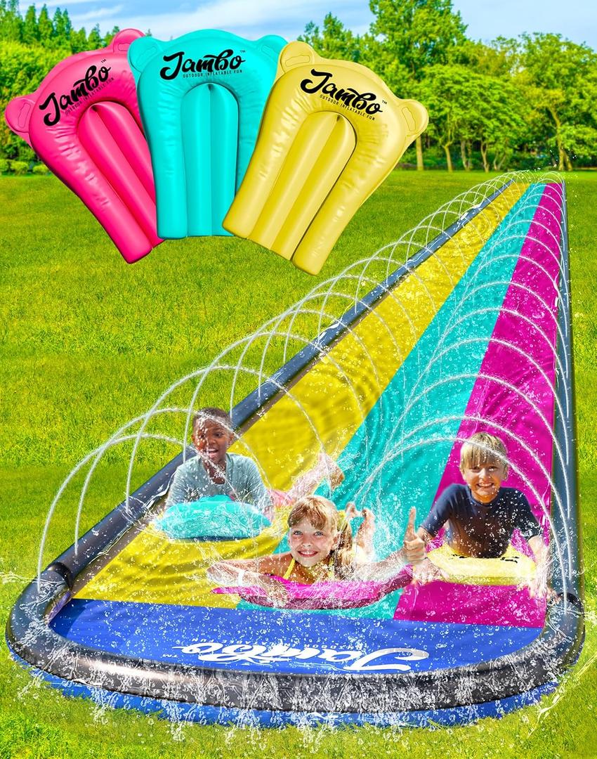 JAMBO XL 20Ft Premium Slip Splash and Slide with 3 Bodyboards, Heavy Duty Water Slide- Advanced 3-Way Water Sprinkler System, Backyard Waterslide Outdoor Water Toys n Slides for Kids Splash Pad (Summer Vibes)