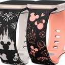 2 Packs Cartoon Engraved Band Compatible with Apple Watch Band 49/46/45/44/42/41/40/38mm Women Two-Tone Cute Soft Silicone Sport Strap for iWatch SE Series 10/9/8/7/6/5/4/3/2/1/Ultra(1/2) (Black Starlight/Black Peach Powder)