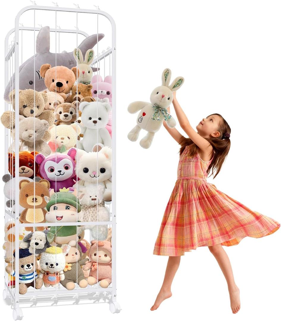 zuughay Metal Tube Stuffed Animal Holder, Large Stuffed Animal Storage, White Plushies Storage Elastic Band, Toys Organizer with 360° Brake Wheels for Nursery, Room, Playroom