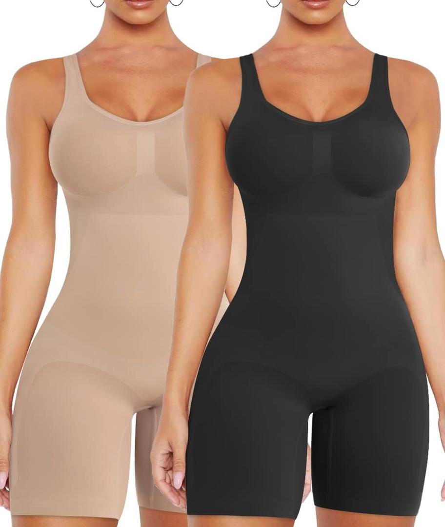 VVX Shorts Bodysuit for Women Tummy Control Shapewear Seamless Sexy Butt Lifting Workout Bodycon One Piece Short Jumpsuit (A-2 Pack-black+nude)  XS/ S