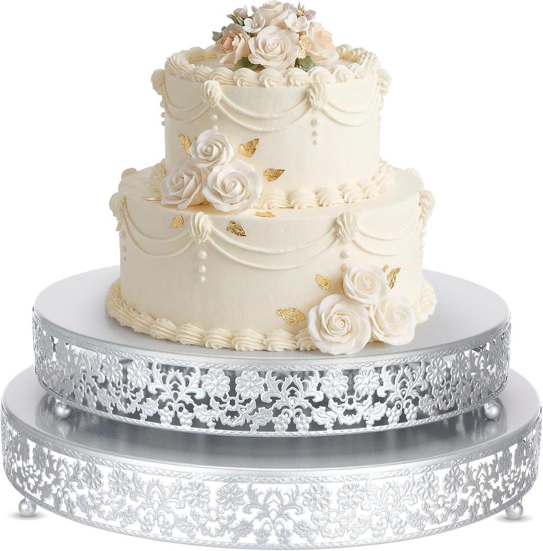 2 Pack Cake Stand Set, 14/16 Inch Metal Round Cupcake Dessert Stand Decorative Elegant Cake Display for Weddings Party Birthday Baby Showers Anniversary(Classic Floral,Silver)