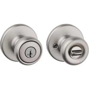 Kwikset Tylo Entry Door Knob with Lock and Key, Secure Keyed Handle Exterior, Front Entrance and Bedroom, Satin Nickel, Pick Resistant SmartKey Rekey Security and Microban