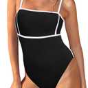 Saodimallsu Womens One Piece Swimsuit Color Block Spaghetti Strap Ribbed Tummy Control Bathing Suits High Cut Swimwear (Medium, Black)