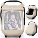 Rquite Car Seat Cover Baby, Carseat Covers Girl Boy, Breathable Muslin Cotton, Large Mesh Window, Infant Car Seat Canopy Baby Carrier Cover Stroller Sun Shade for Summer & Hot Day, Beige