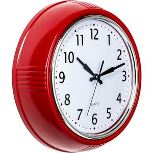 Bernhard Products Retro Wall Clock 9.5 Inch Red Kitchen 50's Vintage Design Round Silent Non Ticking Battery Operated Quality Quartz Clock (Candy Apple Red)