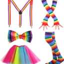 80s Costume Neon Outfits Accessories Set Women Fancy Dress Rainbow Tutu Leg Glove Necklace Headband Earring Glasses, Large