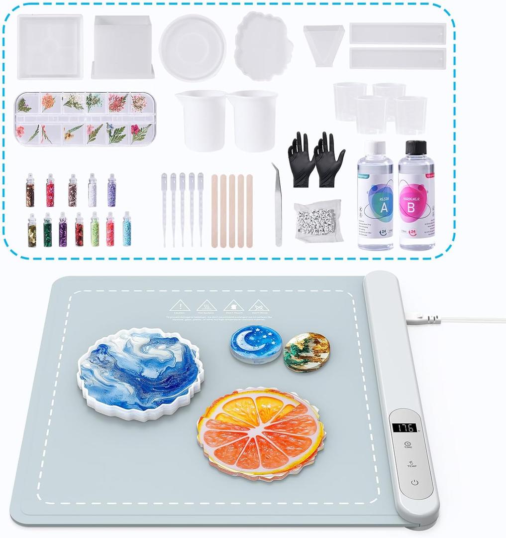 Epoxy Resin Kit with Heating Mat, 16OZ Resin Art Kit with Curing Machine, 6PCS Silicone Molds, Dried Flowers, Complete DIY Set for Making Coasters, Ornaments and Bookmarks, Ideal for Beginners (15.7  14.5 inch Resin Kit)