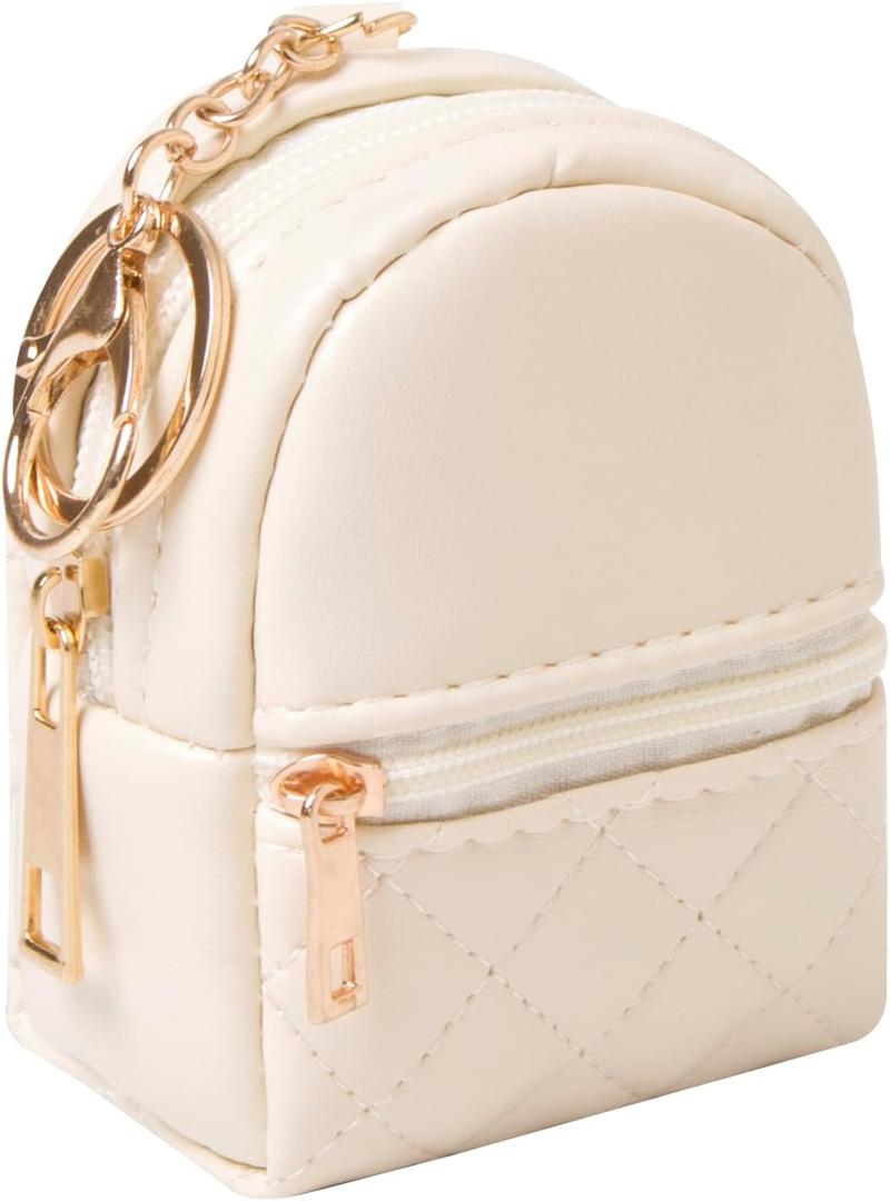 Mini Backpack Cute Cosmetic Bag for Women, Creative Cute Pendant Keychain Key-chains Keyrings PU Leather Makeup Bag Key Lipstick Card Holder Data Cable Organizer Zipper Pouch (Beige)