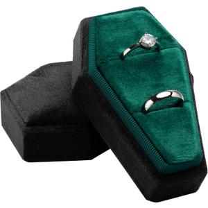 Velvet Coffin Ring Box Case Holder for Gothic Wedding Ceremony Jewelry Organizer Decorations (Black and Green)