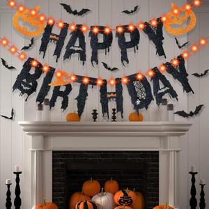 Roberly Halloween Birthday Party Decorations, Halloween Birthday Banner with Lights Include Pumpkin Signs Bat Stickers Supplies for Horror Home Party Fireplace Decorations