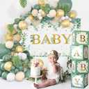 125PCS Sage Green Baby Shower Decorations - Retro Green and Gold Balloons Different Sizes, Green Baby Backdrop and Sage Green Baby Boxes for Gender Reveal, Birthday, Woodland Jungle Party