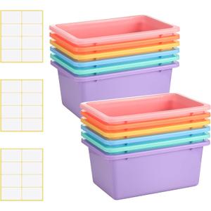 Zonon 12 Pcs Plastic Cubby Storage Bins Classroom Cubby Organization Storage Containers with 1 Pack Self Adhesive Labels Bin for Office Library School Home(Macaron Color)