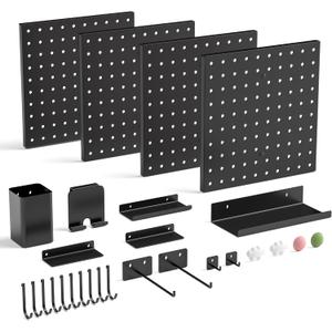 Magnetic Metal Pegboard Wall Organizer Kit, 4 Pack 10 x 10 in Panels Black