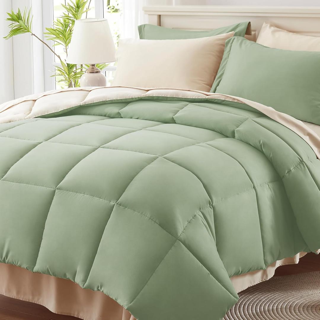 Anluoer King Size Bed in a Bag 7 Pieces, Sage Green Bed Comforter Set with Sheets, All Season Bedding Sets with 1 Comforter, 2 Pillow Shams, 2 Pillowcases, 1 Flat Sheet, 1 Fitted Sheet