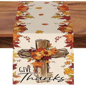 Croar Thanksgiving Christian Cross Dining Table Runner, Religious Fall Give Thanks Pumpkin Maple Leaves Burlap Kitchen Decoration, Autumn Farmhouse Indoor Outdoor Home Decor Party Supply 13 x 72 in