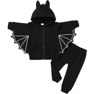 YOUNGER TREE Toddler Baby Girls Boys Halloween Outfit Black Bat Hoodies with Pocket Zipper Coat Pant Set Winter Clothes(Black Set, 18-24 Months)