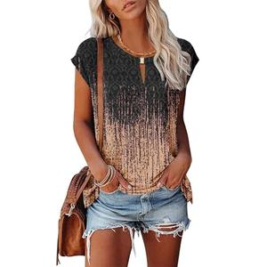 Kistore Womens Summer Casual V Neck Cap Sleeve Keyhole Tank Tops Short Sleeve Printed Tunic Work Blouses T-shirts Orange Gray Leopard Medium