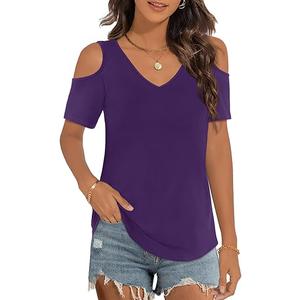 Elesomo Womens V Neck Cold Shoulder Tops Short/Long Sleeve Summer T Shirts Basic Tees,  XL, Purple Elesomo Womens V Neck Cold Shoulder Tops Short/Long Sleeve Summer T Shirts Basic Tees,  XL, Purple