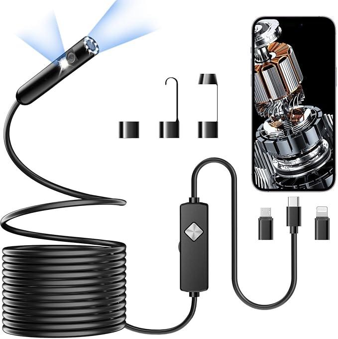Endoscope Camera with Light, 1920P HD Borescope with 8 Adjustable LED Lights, 16.4ft Semi-Rigid Snake Camera, IP67 Waterproof 7.9mm Inspection Tools for iOS and Android