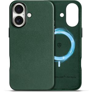 SHIELDON Case for iPhone 16 6.1", Compatible with MagSafe, Genuine Leather Magnetic Wireless Charging Non-Slip Shockproof Protective Cover with Metal Buttons & Camera Bump Frame - Midnight Green