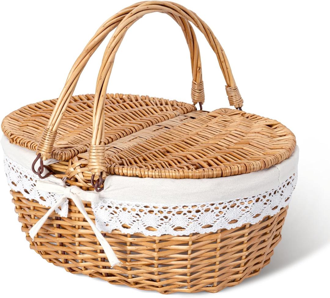 GRANNY SAYS Picnic Basket, Wicker Basket with Lid, Woven Cute Basket with Handle, Storage Basket with Washable Lining & Dual-Flid Lid, Natural Willow Picnic Hamper, White Lining