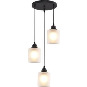 3 Lights Industrial Pendant Light with Glass Shade Matte Black Pendant Lighting Adjustable Industrial Retro Style Hanging Light,Kitchen Island Farmhouse Pendant Lights Fixtures for Kitchen,Farmhouse